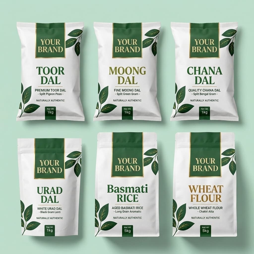 Premium branded food packaging bags β Toor Dal, Moong Dal, Chana Dal, Urad Dal, Rice, Atta